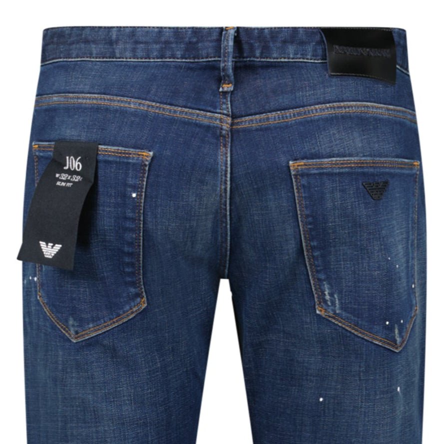 Emporio Armani J06 Slim Fit 5 Pocket Paint Splatter Jeans Blue