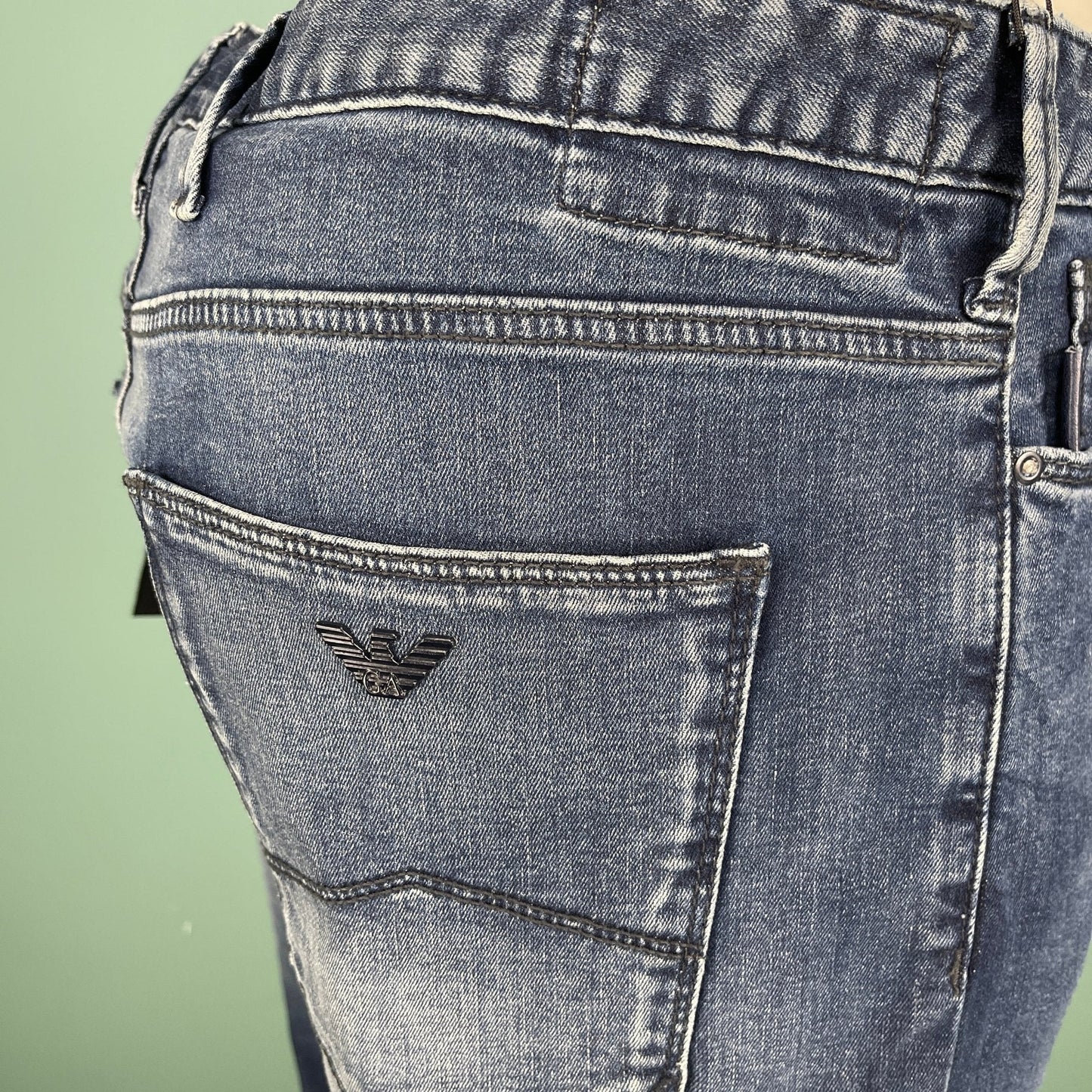 Emporio Armani J06 Slim Fit 5 Pocket Silver Eagle Belt Patch Jeans Blue