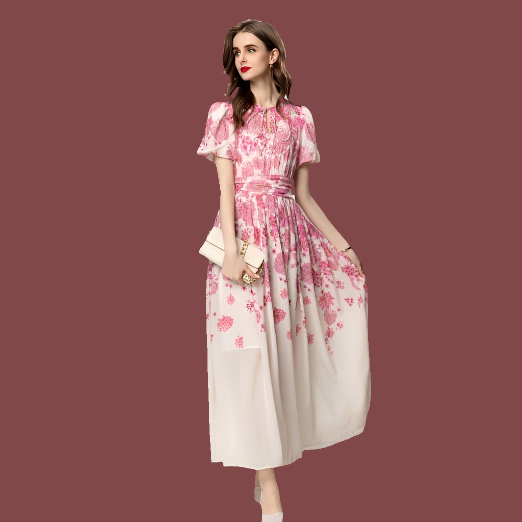 French-Inspired Printed Short Sleeve Dress with Timeless Appeal - Sizes S-XXL - Pink Cotton Polyester Fabric