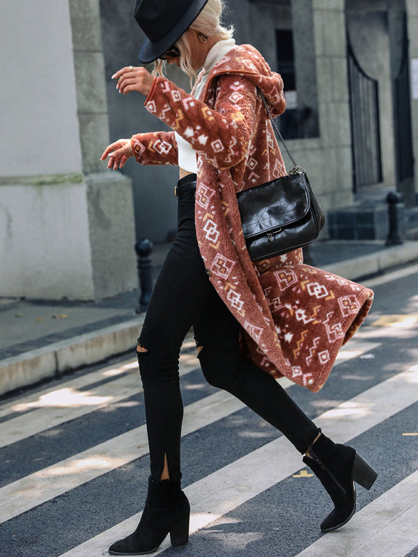 New women's hooded long-sleeved geometric print single-breasted extra-long regular plush jacket