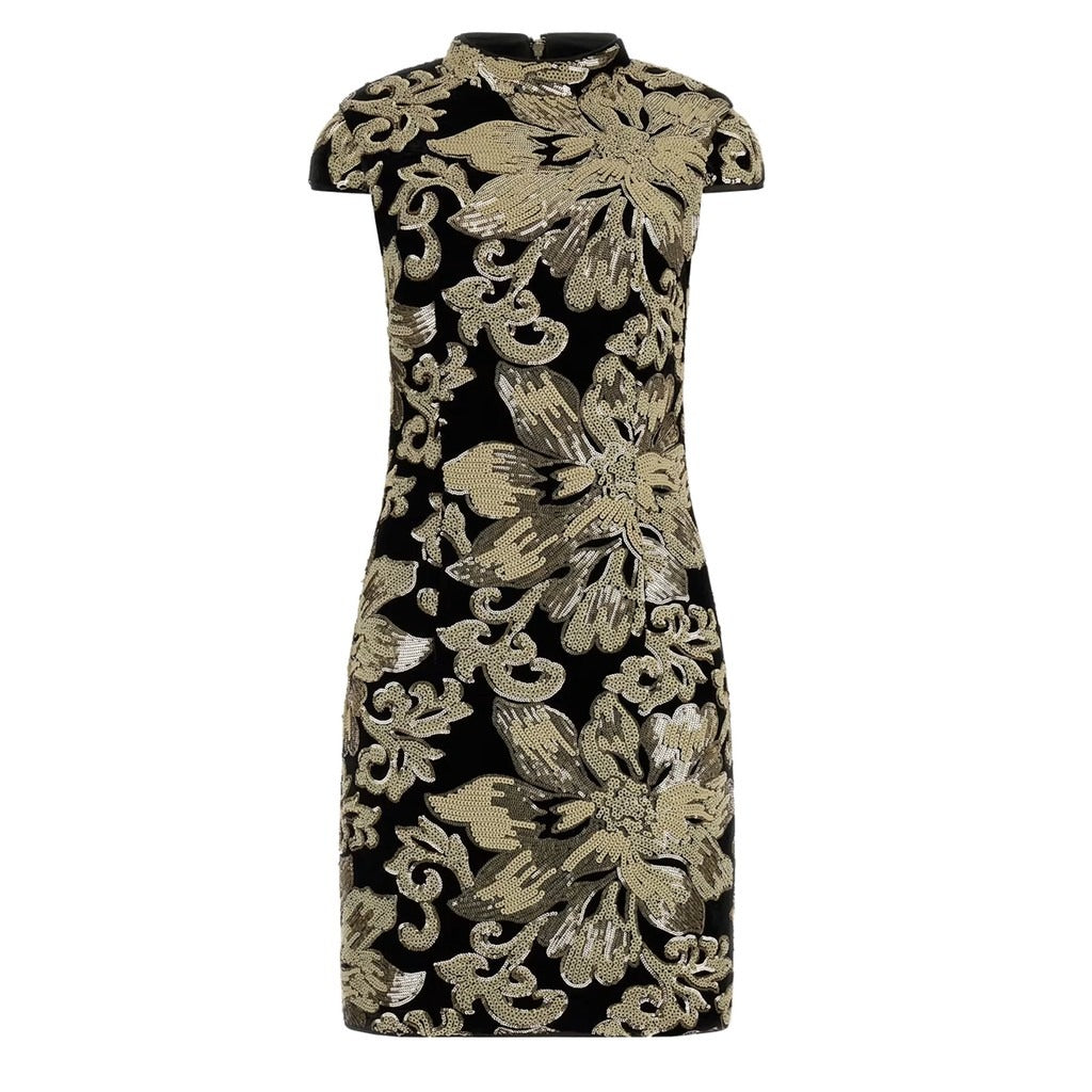 Guess Mandarin Collar Armholes Velvet Women Knee-Lenght Dress W3RK60-KBE30