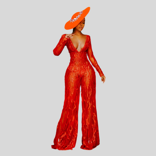New European And American Sequins Halter Neck Red Jumpsuit Women