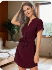 Women’s V-Neck Short Sleeve Belted Dress – Summer Bowknot Fashion
