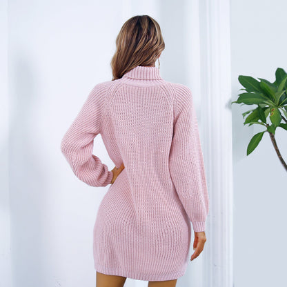 Women’s Winter Turtleneck Sweater Dress Long Sleeve Knitted Dress with Button Detail, Casual Slim Fit Warm Outfit