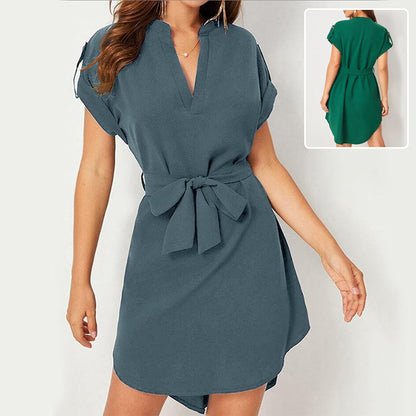 Women’s V-Neck Short Sleeve Belted Dress – Summer Bowknot Fashion