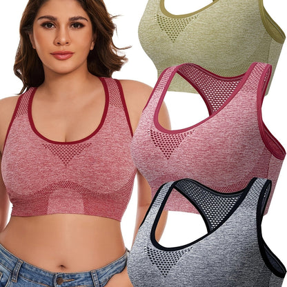 3pcs Plus Size Sports Bras Low Support, Polyamide Blend, Hollow Mesh Design - Casual Wear for Women's Activewear