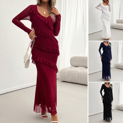 Women's Elegant Slim Fit Mesh V-Neck Dress – Evening Party & Formal Wear