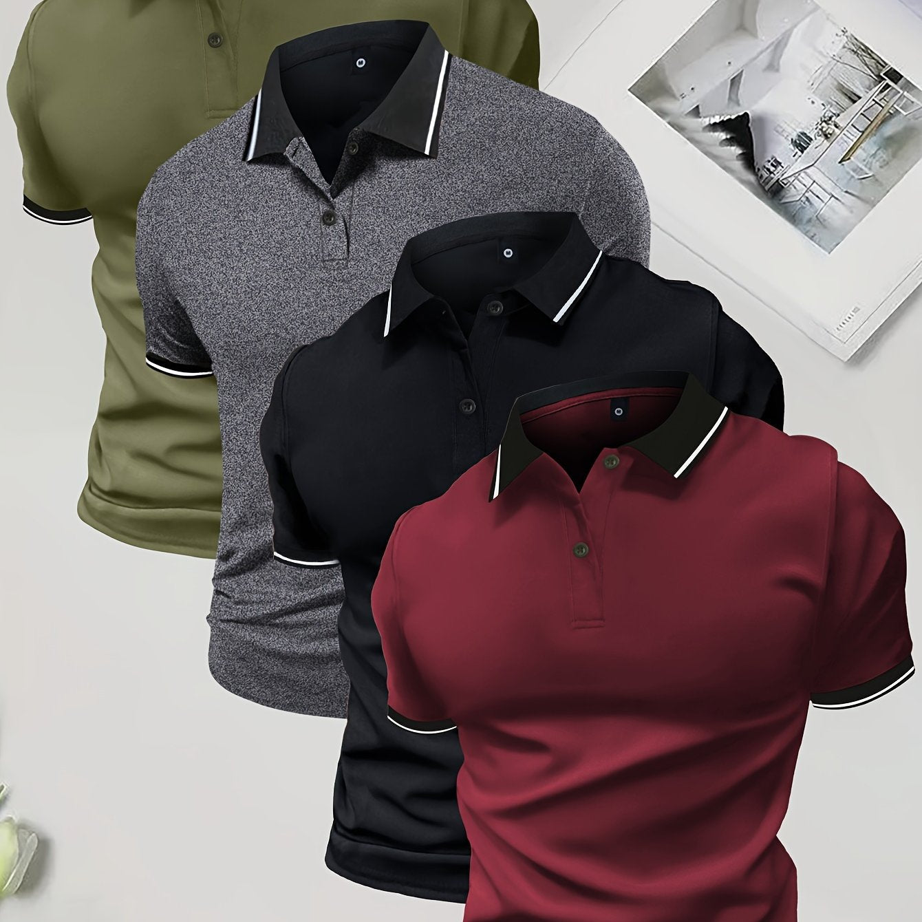 4-Pack Men's Summer Polo Shirts, Solid Color Short Sleeve, Regular Fit, Knit Stretch, Casual Sportswear Tops