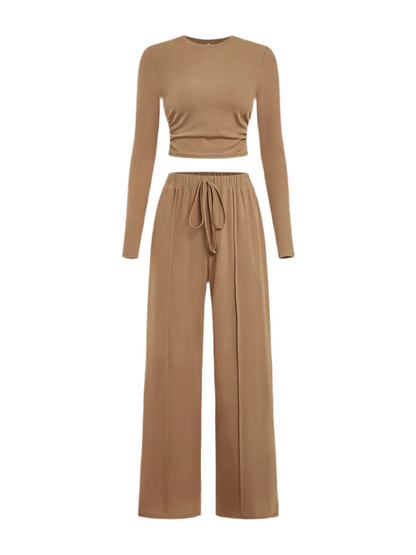 Round Neck Long Sleeve Top and Tied Pants Set