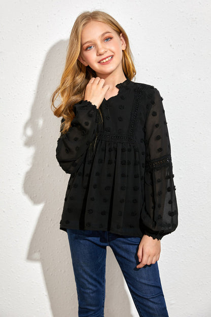 Black Split Neck Swiss Dot Little Girls' Blouse
