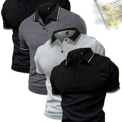 4-Pack Men's Summer Polo Shirts, Solid Color Short Sleeve, Regular Fit, Knit Stretch, Casual Sportswear Tops