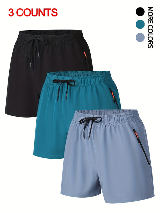 3-Pack Men's Summer Casual Shorts - Elastic Waist with Drawstring, Solid Color, Non-Stretch Woven Fabric, Regular Fit