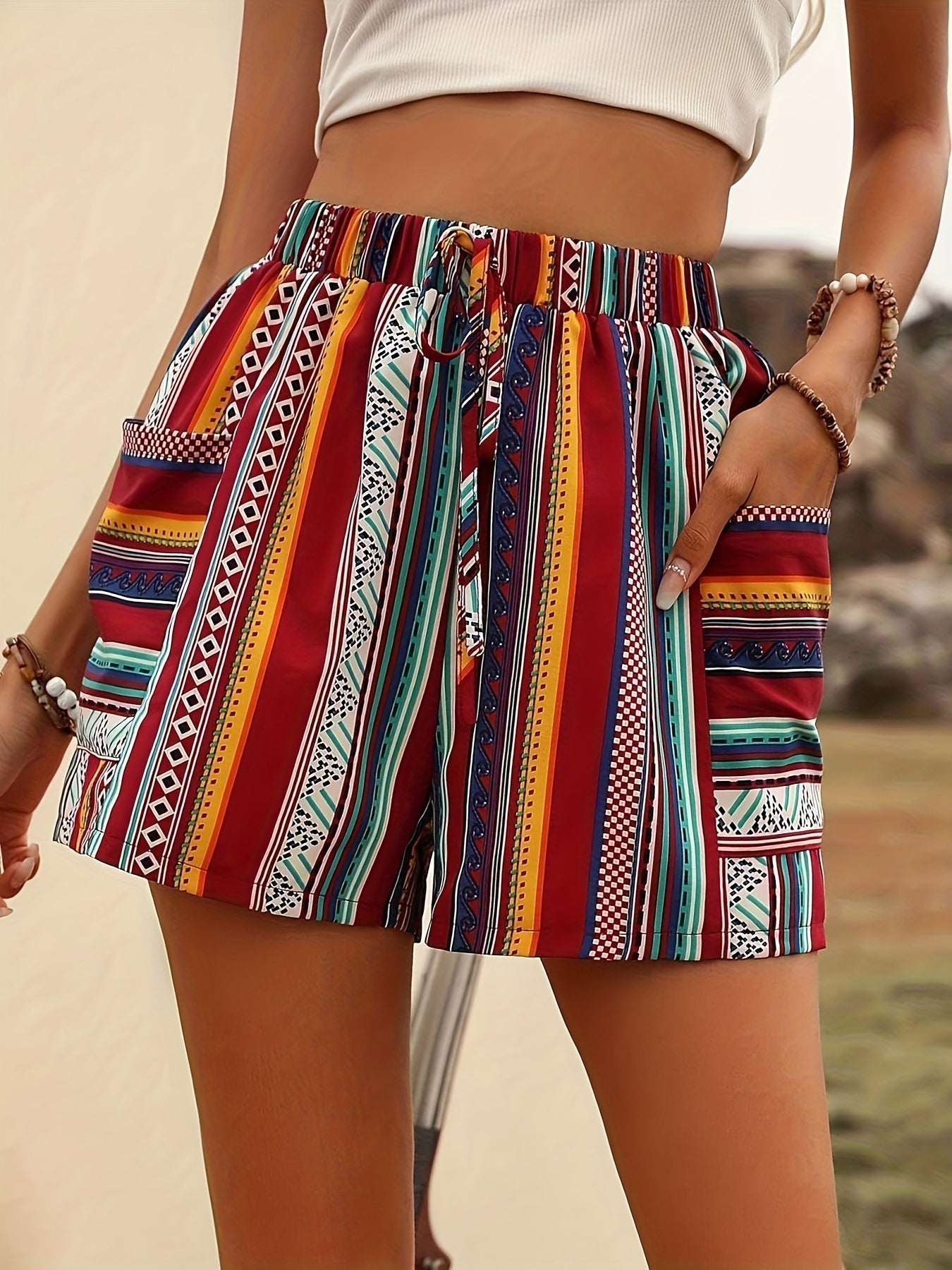 Bohemian High-Waisted Women's Shorts, 100% Polyester Woven Fabric, Summer Striped Pattern with Pockets, Casual Printed Shorts for Ladies