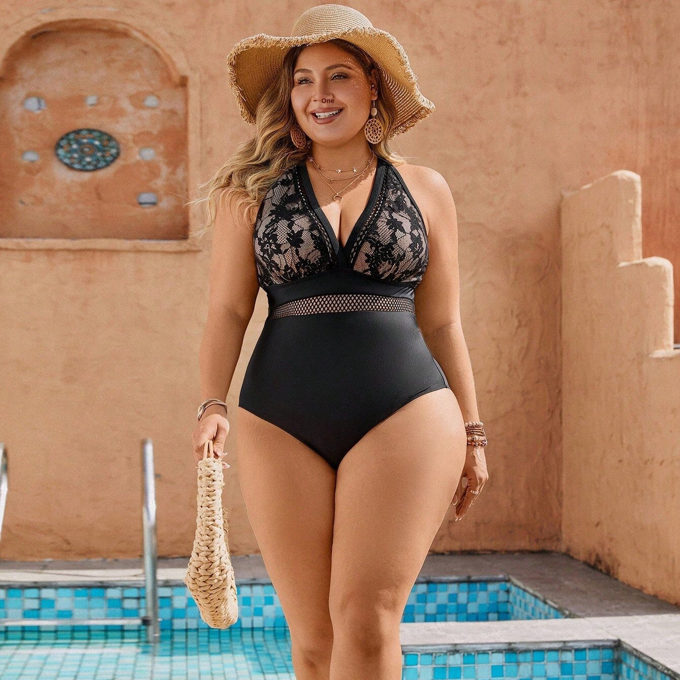 Black Lace Pattern One Piece Swimsuit