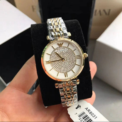 Emporio Armani Women's Watch Stainless Steel Silver & God Tone Strap White Pave Crystal White Dial AR8031 Gianni T-Bar