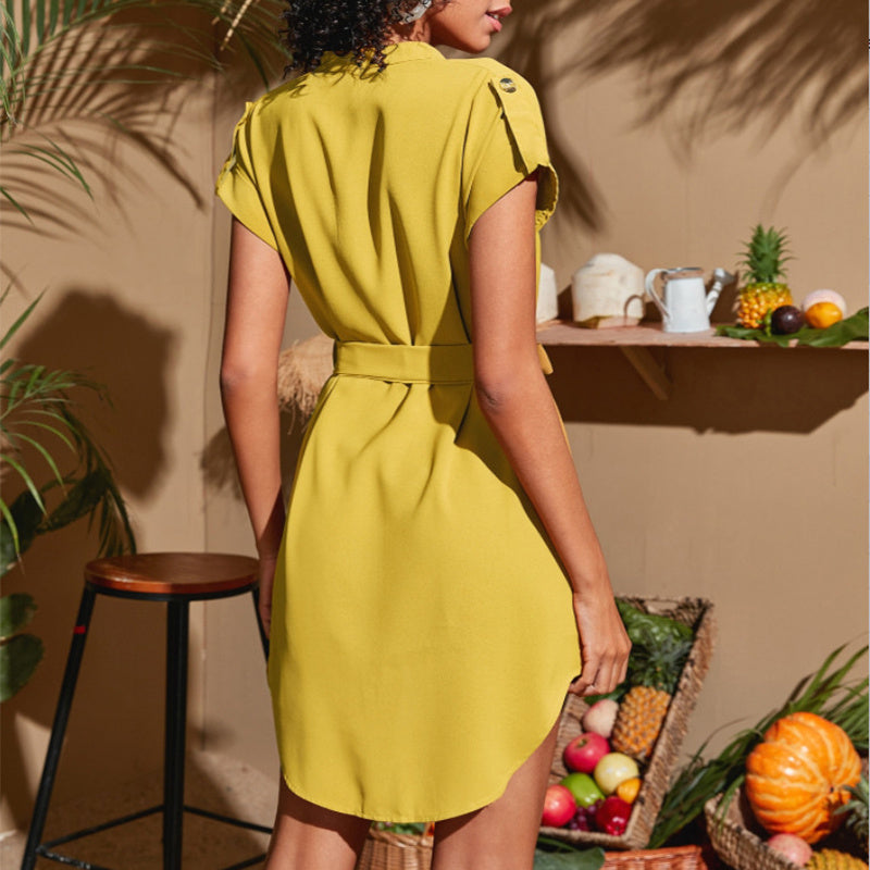 Women’s V-Neck Short Sleeve Belted Dress – Summer Bowknot Fashion