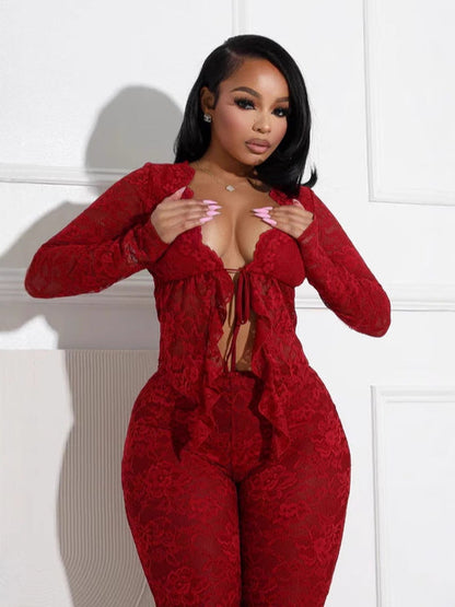 A two-piece set of women's sexy lace-up, hollowed-out cardigan, long-sleeved lace blouse and lace pants