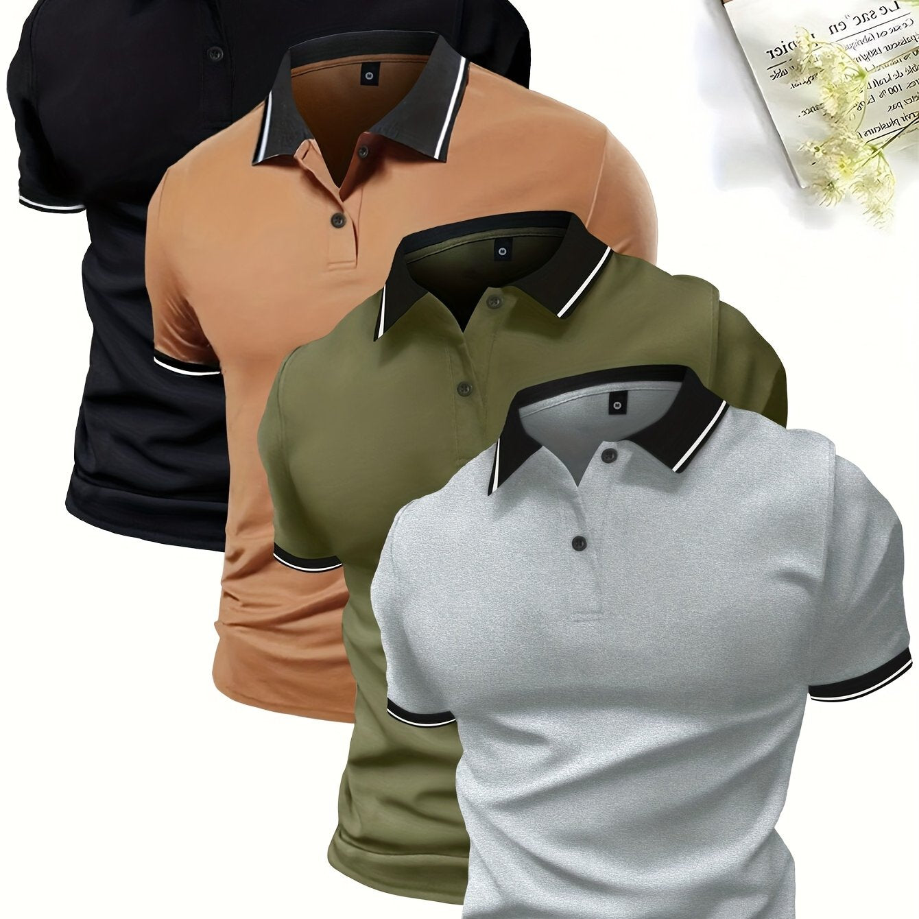 4-Pack Men's Summer Polo Shirts, Solid Color Short Sleeve, Regular Fit, Knit Stretch, Casual Sportswear Tops