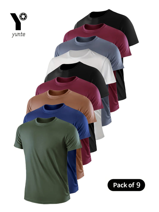 9pcs Men's Quick-Dry Athletic T-Shirts - Breathable, Moisture-Wicking Short Sleeve Shirts for Gym, Running & Training - Ultra-Lightweight, Crew Neck