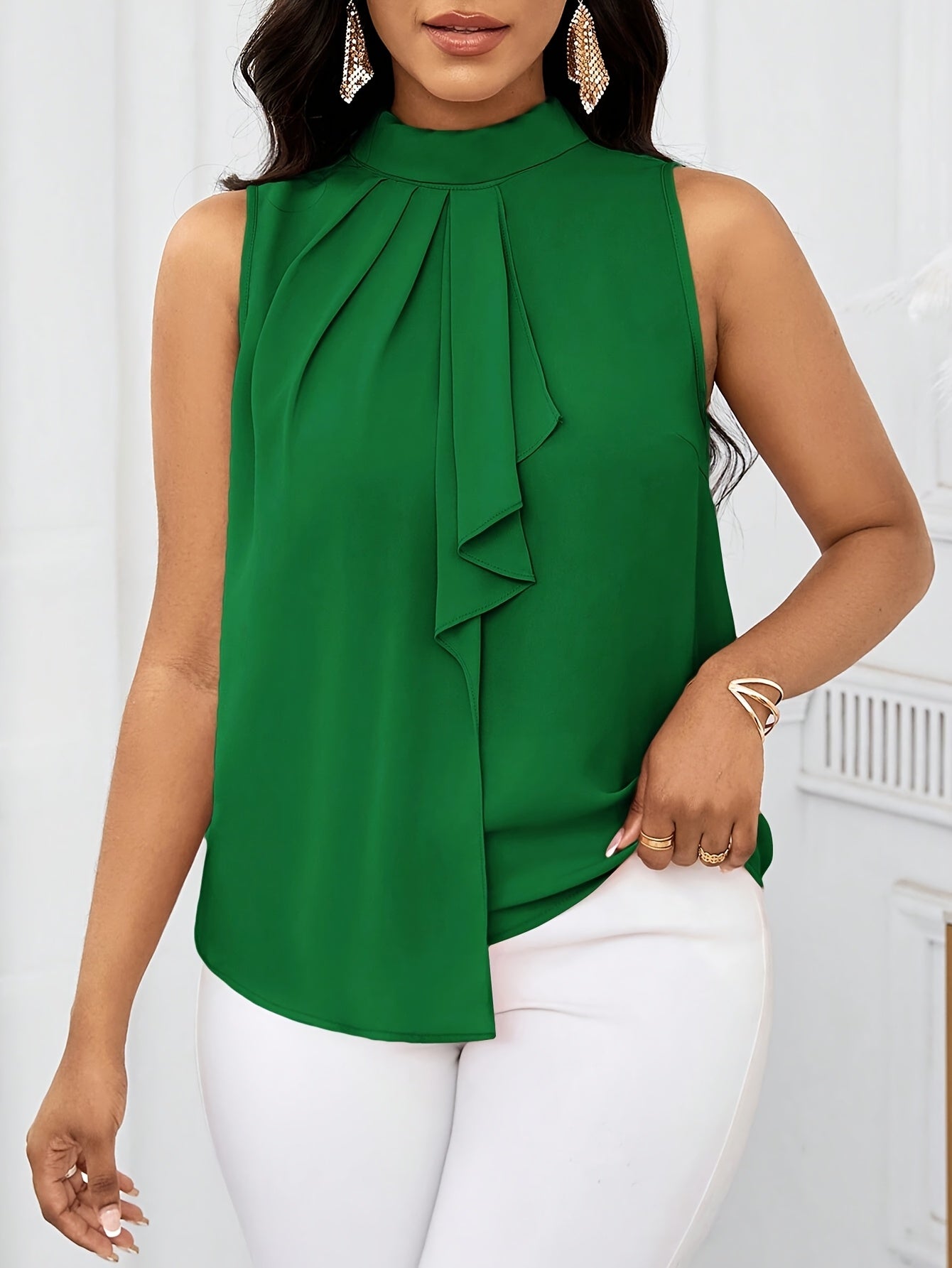 Women's High Neck Sleeveless Top – Solid Color with Lace-Up Detail