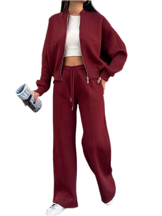 Baseball Collar Zip Up Outerwear and Drawstring Pants Set