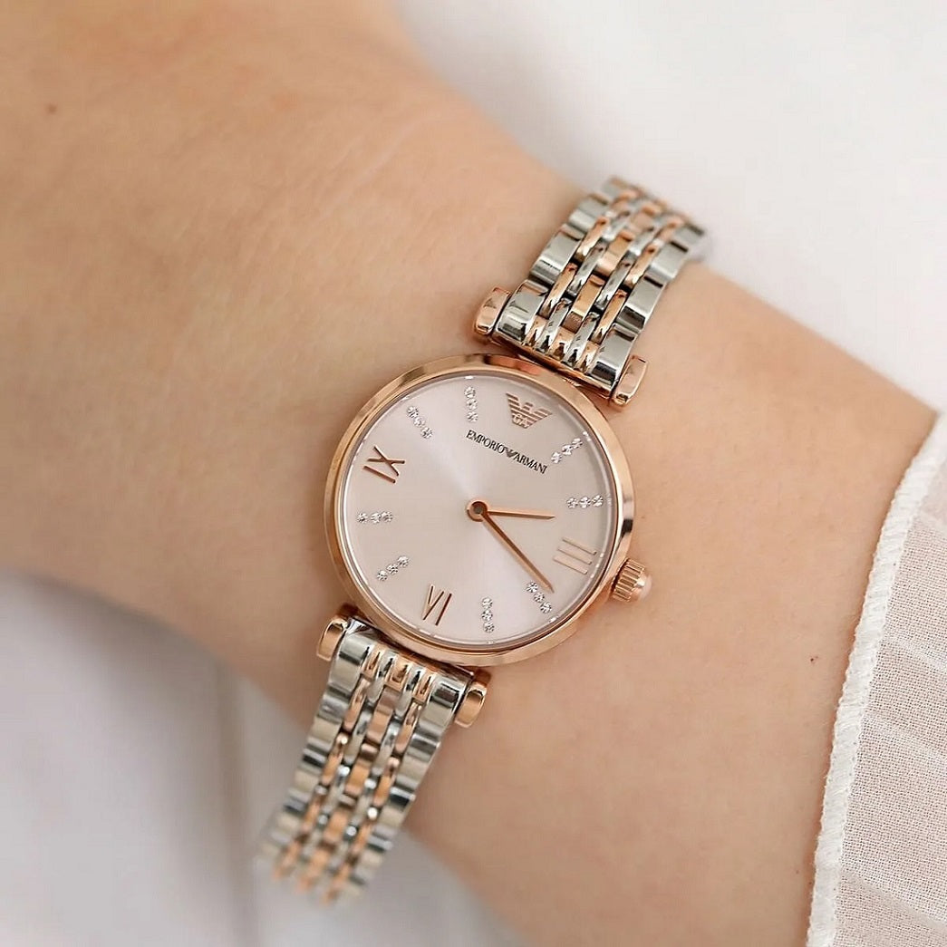 Emporio Armani Womens Watch Stainless Steel Silver And Rose Gold Tone Strap & Rose Gold Dial AR11223 Gianni T-Bar
