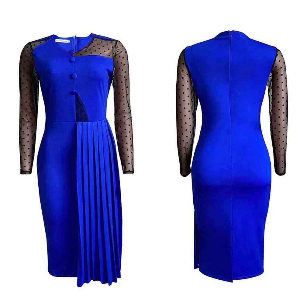 Fashion Mesh Splicing Slim Warp Hip Split Women Office Dress