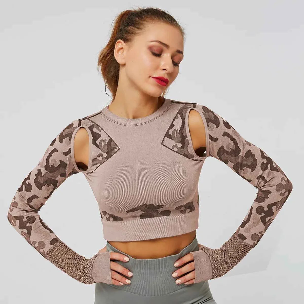 Summer Long Sleeve Crop Top Women Fitness Gym Yoga Sports Camouflage Seamless Breathable Yoga Top