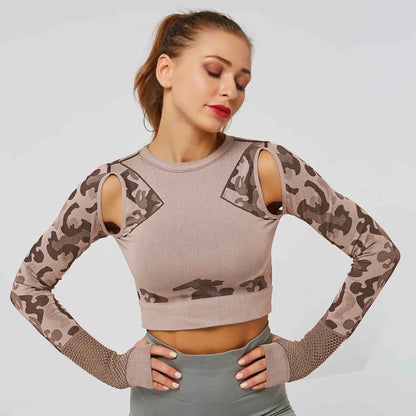 Summer Long Sleeve Crop Top Women Fitness Gym Yoga Sports Camouflage Seamless Breathable Yoga Top