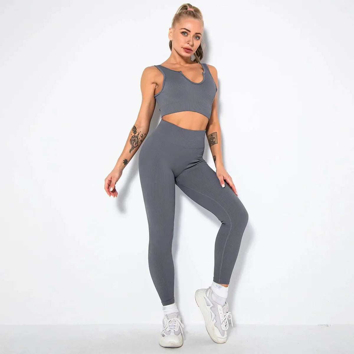 Summer Seamless Fitness Set - Sexy UV Neck Top With Leggings Activewear 2 Piece Women’s Gym Outfit