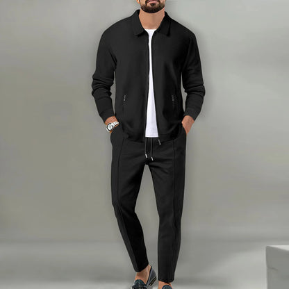 2024 Korea new men's fall two-piece jogging lapel jacket top + loose pants cotton casual sportswear big size workwear suit
