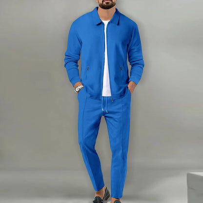 2024 Korea new men's fall two-piece jogging lapel jacket top + loose pants cotton casual sportswear big size workwear suit