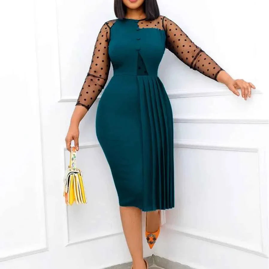 Fashion Mesh Splicing Slim Warp Hip Split Women Office Dress