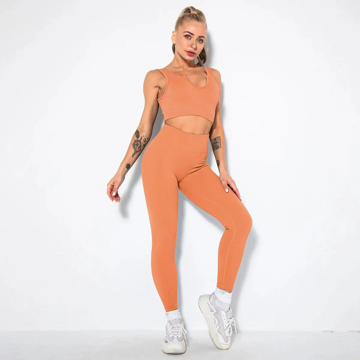 Summer Seamless Fitness Set - Sexy UV Neck Top With Leggings Activewear 2 Piece Women’s Gym Outfit