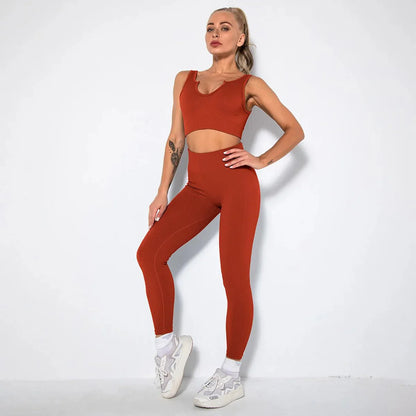 Summer Seamless Fitness Set - Sexy UV Neck Top With Leggings Activewear 2 Piece Women’s Gym Outfit