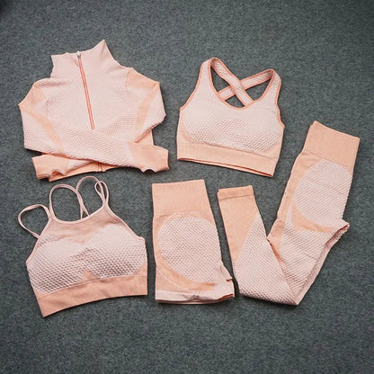 2/3/5 PCS Seamless Women Yoga Set Workout Sportswear Gym Clothing Fitness Long Sleeve Crop Top High Waist Leggings Sports Suits