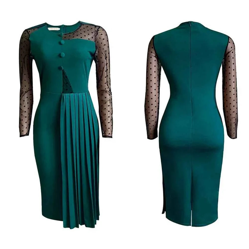 Fashion Mesh Splicing Slim Warp Hip Split Women Office Dress