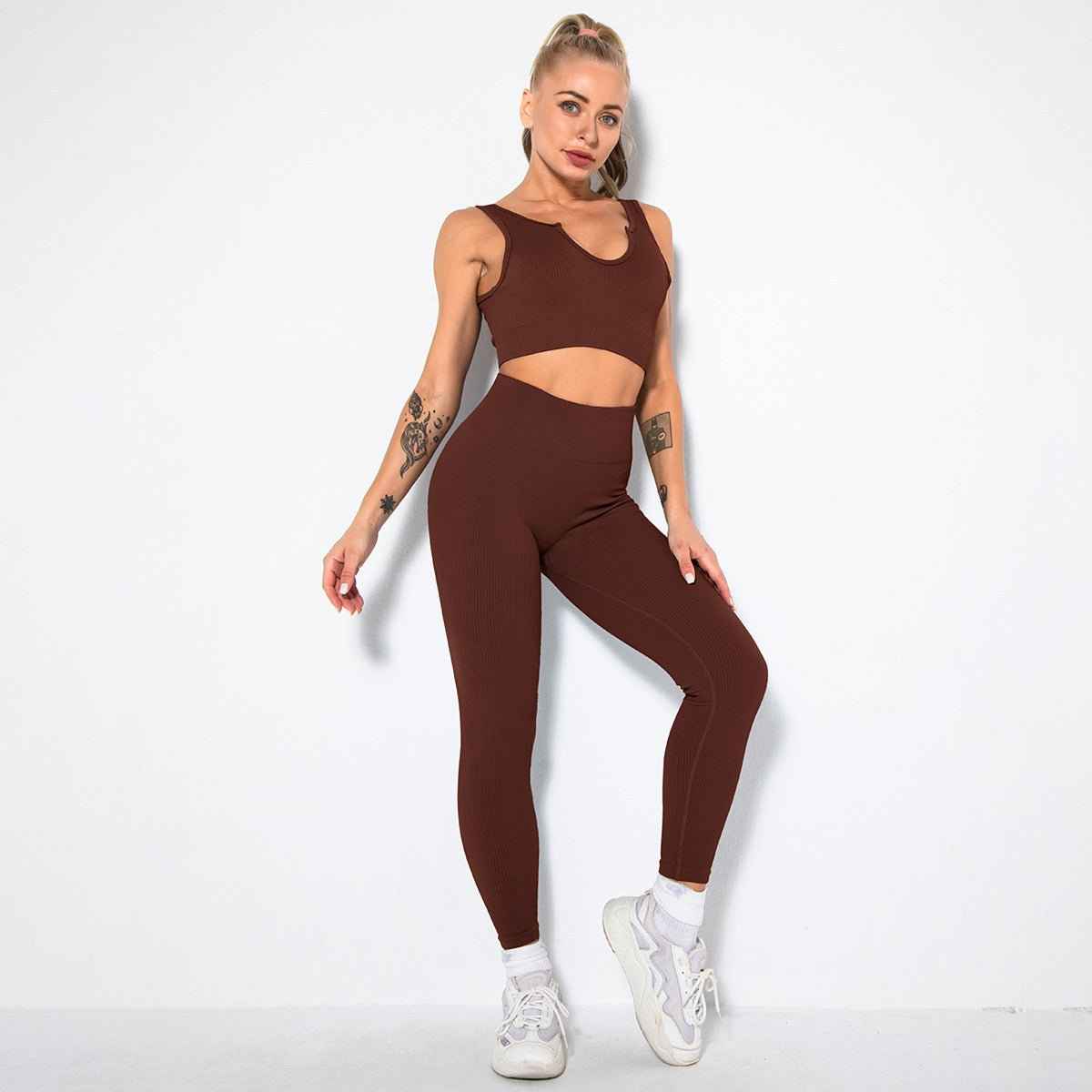 Seamless Sexy Fitness Yoga U V Neck Leggings Gym Wear Set - Women's 2 Piece Active Wear Set
