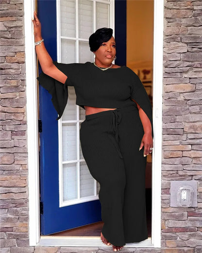 Crew Neck Knitted	 sweat suit set women plus size women clothing two piece set