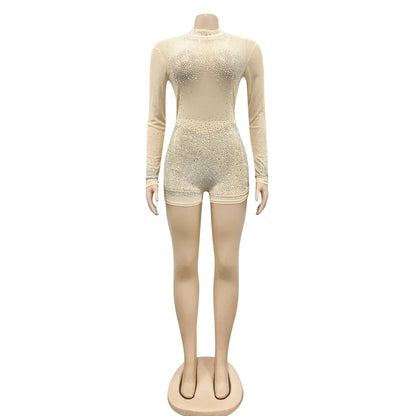Sexy Sheer Rhinestone Clubwear Hot Drilling Bodysuit for Women