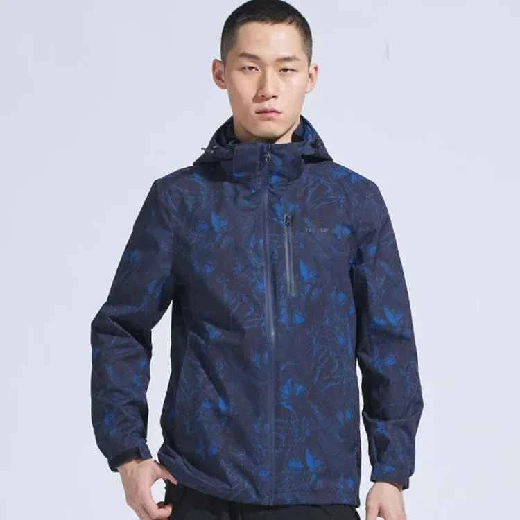 Man Winter Outdoor Waterproof Hiking Jacket - Heat Sealed Camo Print Hoodie Jacket