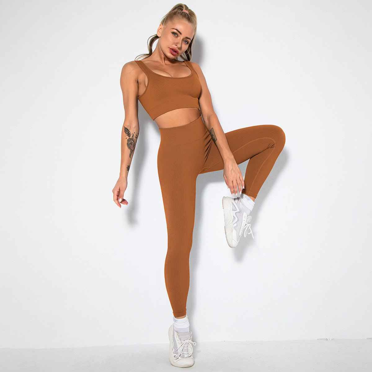 Seamless Sexy Fitness Yoga U V Neck Leggings Gym Wear Set - Women's 2 Piece Active Wear Set