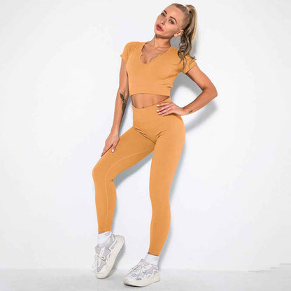 Seamless Sexy Fitness Yoga U V Neck Leggings Gym Wear Set - Women's 2 Piece Active Wear Set
