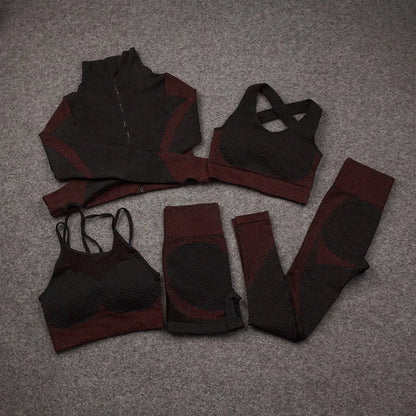 2/3/5 PCS Seamless Women Yoga Set Workout Sportswear Gym Clothing Fitness Long Sleeve Crop Top High Waist Leggings Sports Suits