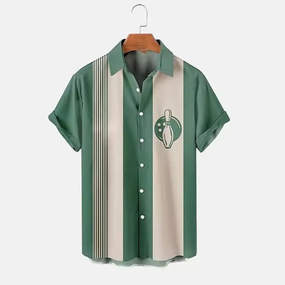 Men’s 3D Bowling Shirt – Digital Print, Casual Short Sleeve Top