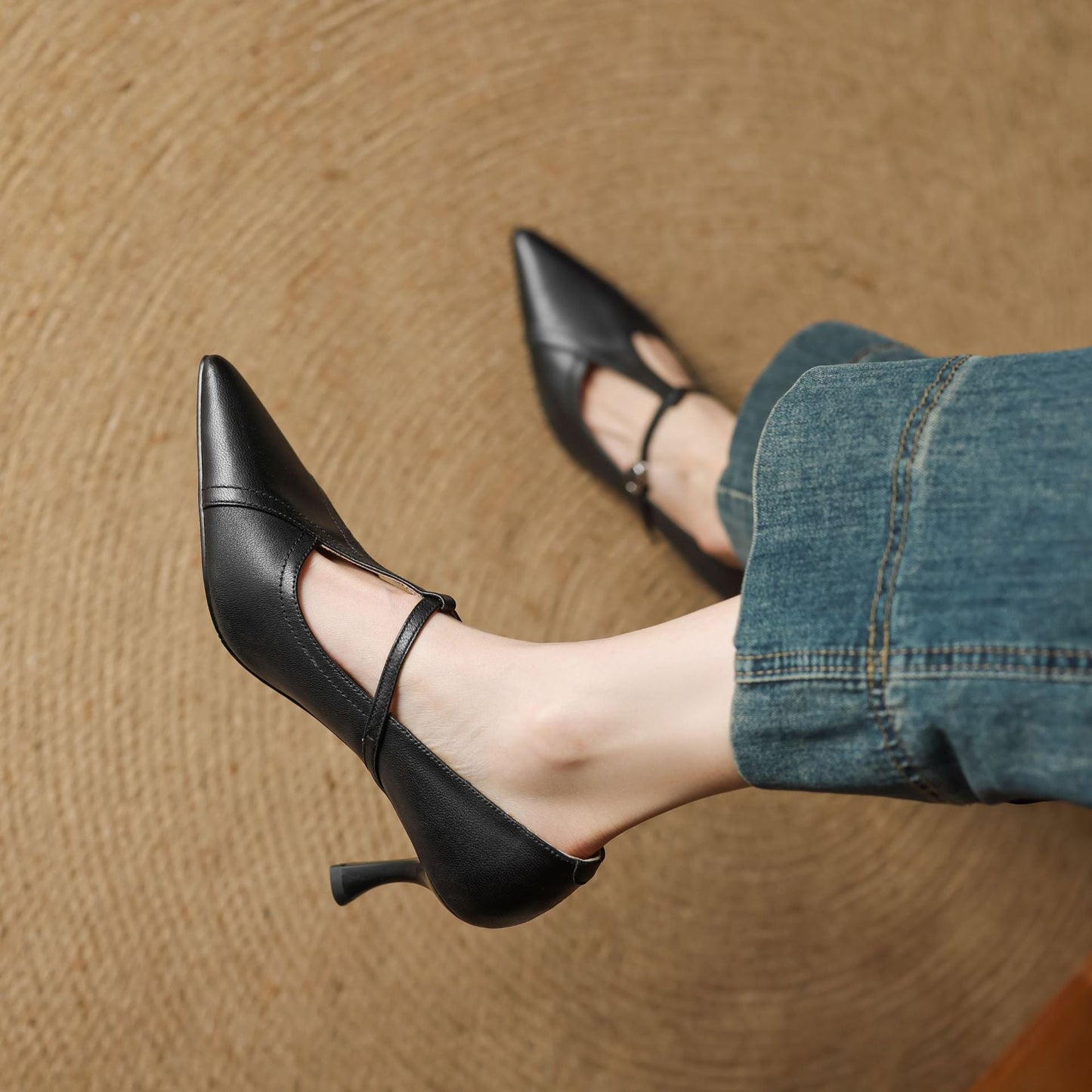 Korean Style T-buckle Strap Stiletto Heel Shoes For Four Seasons