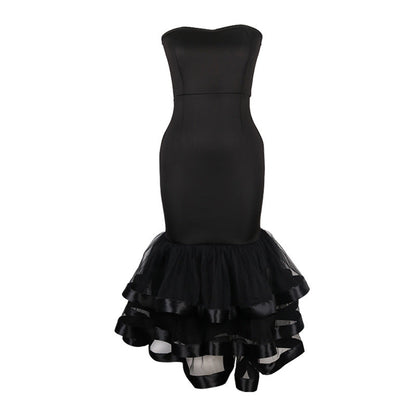 Sexy Tube Top High Waist Hip Mesh Stitching Cocktail Party Banquet Dress