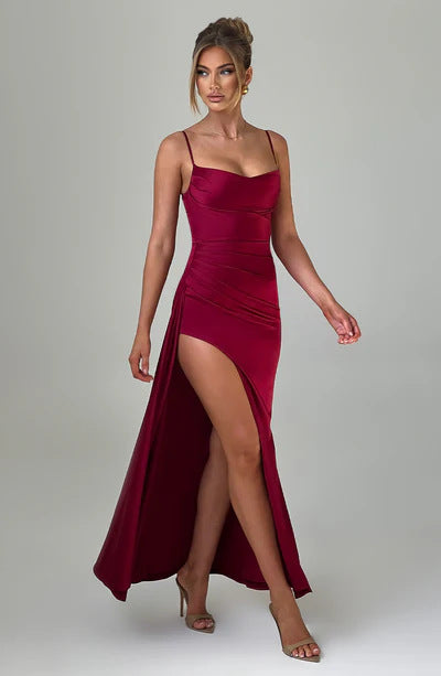 New solid color sexy waist slit halter thin summer dress