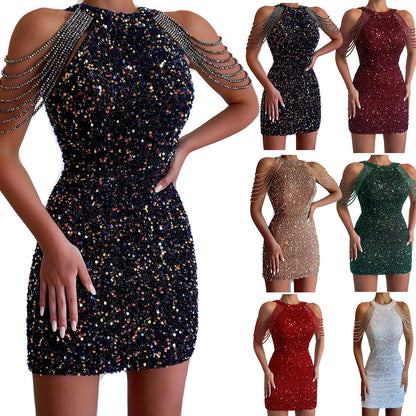 Sexy fashion halter off-the-shoulder fringe wrap hip crystal splicing sequin dress