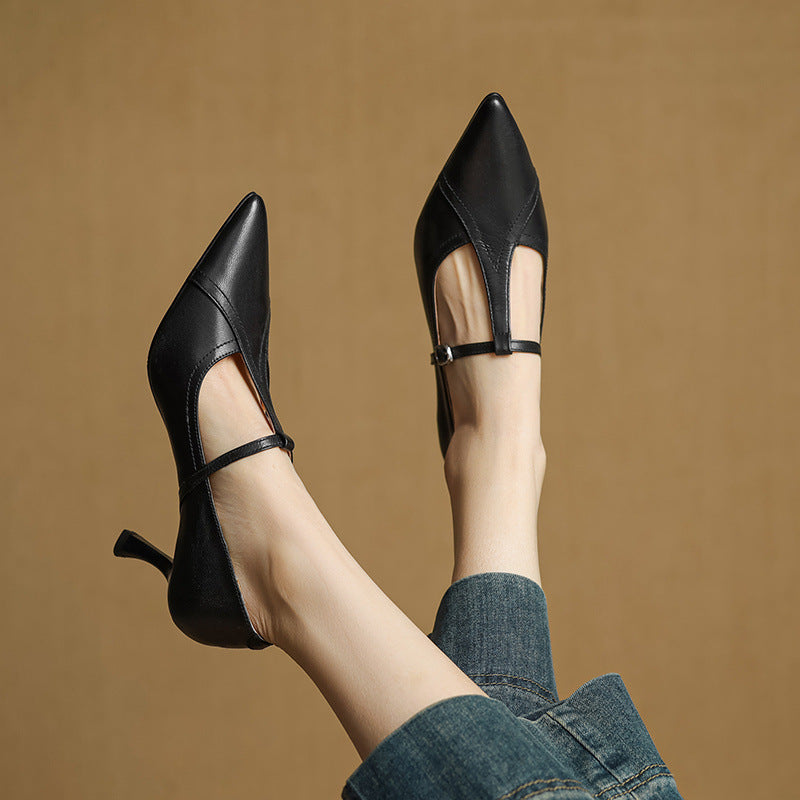 Korean Style T-buckle Strap Stiletto Heel Shoes For Four Seasons